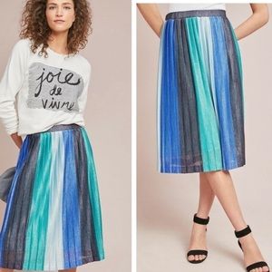 Anthropologie Maeve Sunburst Blue Green Metallic Pleated Knit Skirt Size Medium